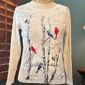 Cream Bird Print Long Sleeve Top